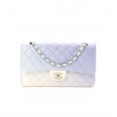 CHANEL PERFORATED LAMBSKIN QUILTED MEDIUM DOUBLE FLAP LIGHT BLUE LIGHT PURPLE WHITE SILVER HARDWARE (25*15*6cm)