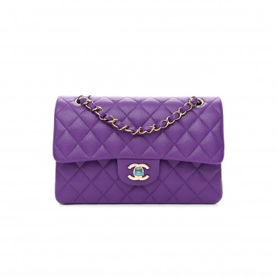 CHANEL CAVIAR QUILTED SMALL DOUBLE FLAP DARK PURPLE ROSE GOLD HARDWARE (23*14*6cm)